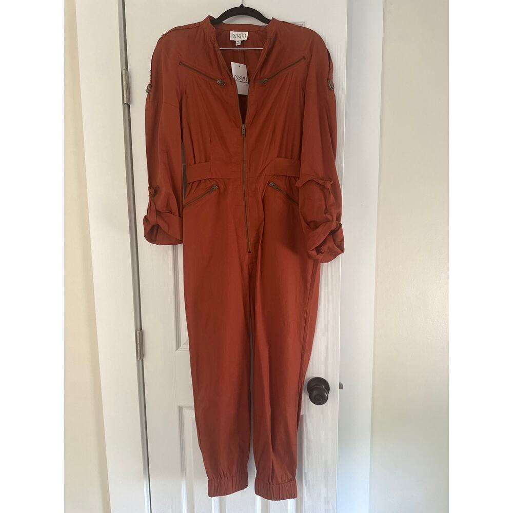 NWT INSPR Utility Zip Front Jumpsuit Rust Orange Long Sleeve Cargo Style